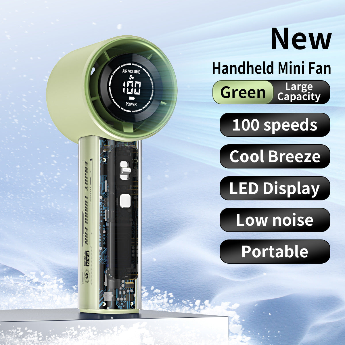 Unisex nan kompakter Mini-Handventilator mit LED-Anzeige, stufenloser Geschwindigkeitsregelung und geräuscharmem Motor Brehn