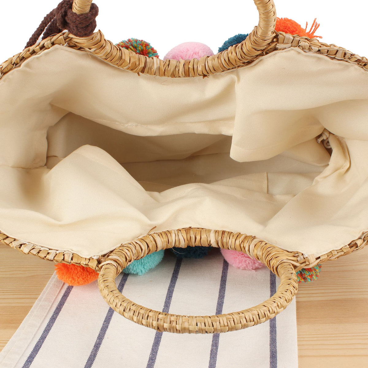 Stroh-Handtasche mit Bunten Quasten und Pompons Brehn