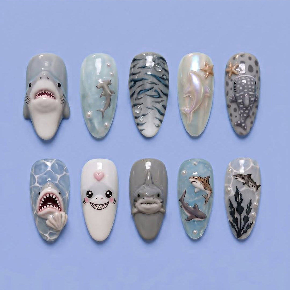 Marine Life-Themed Press-On Nail Art Set