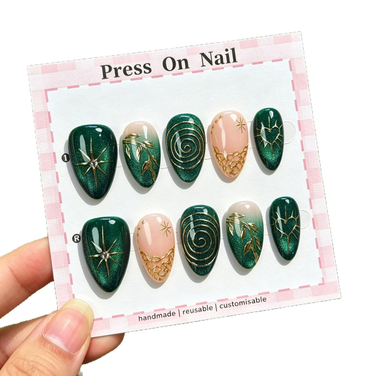 Künstlerisches Press-On-Nagelset mit anpassbaren Designs