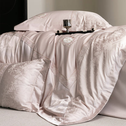 Luxuriöses Besticktes Satin-Jacquard Bettbezug-Set mit Medaillon und Spitzenrand