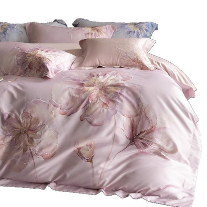 Seidiger Satin-Hortensien-Print Bettbezug-Set mit umkehrbarem Rücken und dekorativen Kissenbezügen