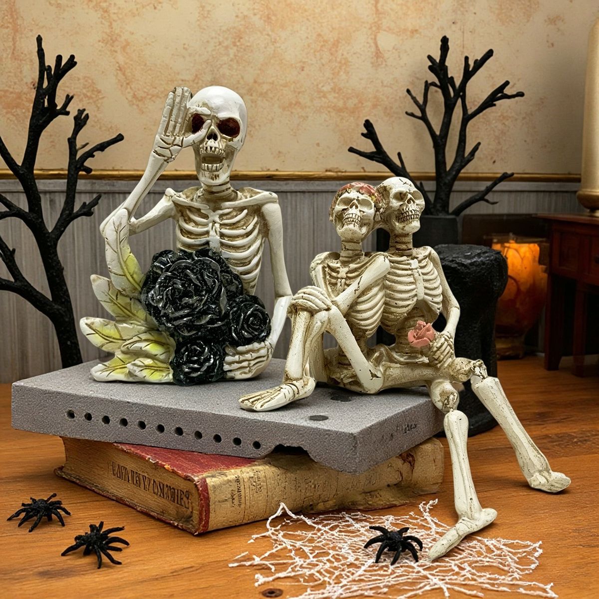 Stilvolle Skelettfigur mit Zylinder und schwarzer Rose Brehn