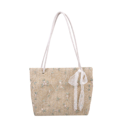 Woven Straw Strandtasche mit dekorativem Band