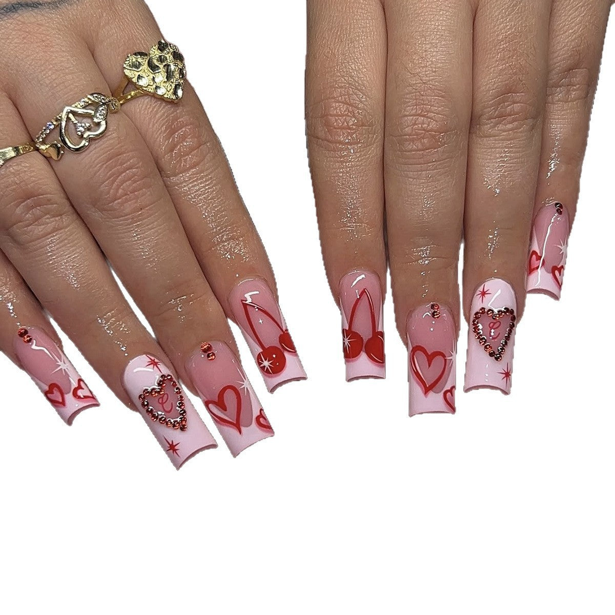 Kunstnagelset mit romantischen Herzmotiven und funkelnden Strassverzierungen Brehn