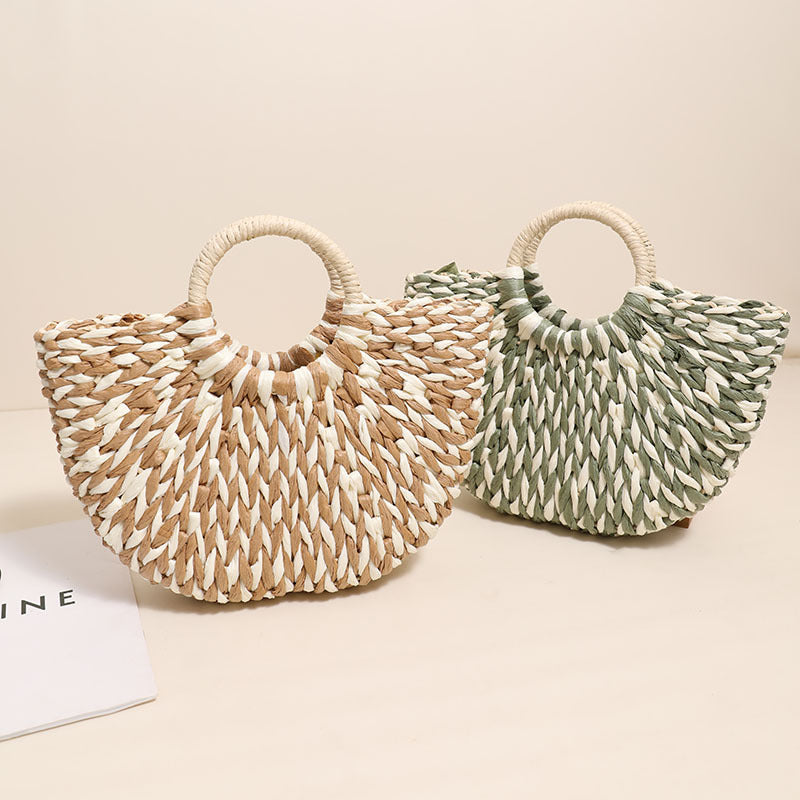 Damen Trendige Bast-Handtasche mit rundem Griff Brehn