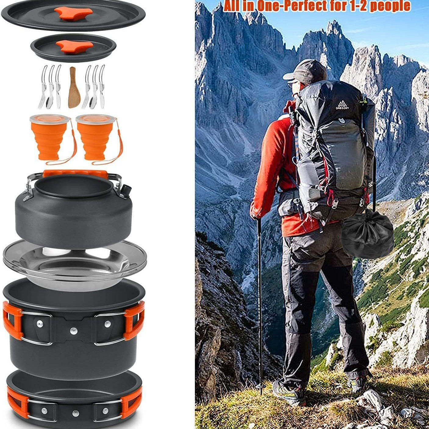 leichtes, antihaftbeschichtetes, anodisiertes Aluminium Campinggeschirrset mit einem Topf und Wasserkocher mit klappbarem Griff, zusammenklappbaren Silikontassen, Edelstahltellern und Besteck Brehn