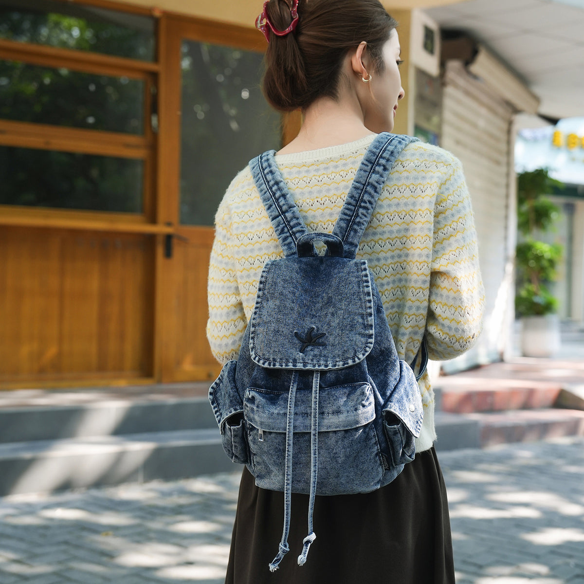 Stylische Denim Zugbeutel Rucksack Brehn