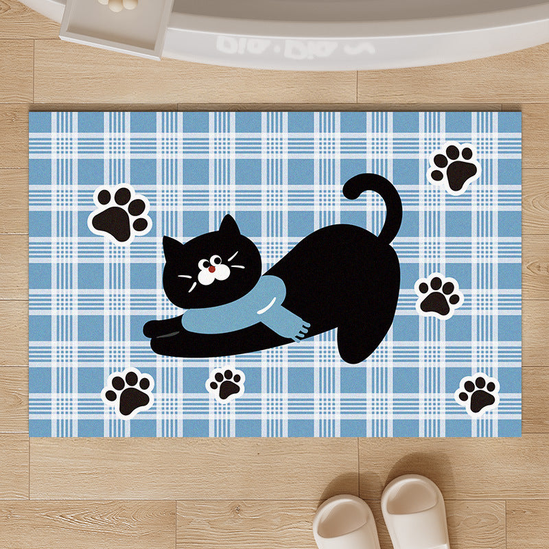 Plush Absorbent Non-Slip Bathroom Door Mat with Cartoon Stretching Cat and Paw Print
