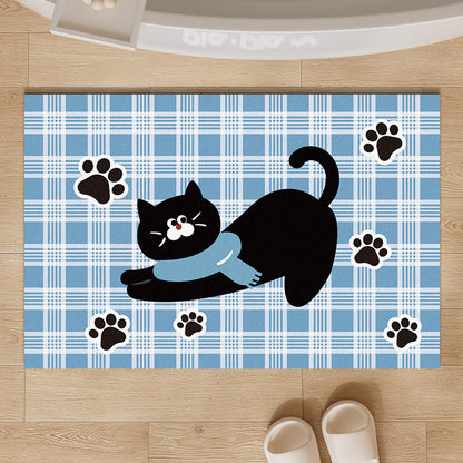 Plush Absorbent Non-Slip Bathroom Door Mat with Cartoon Stretching Cat and Paw Print