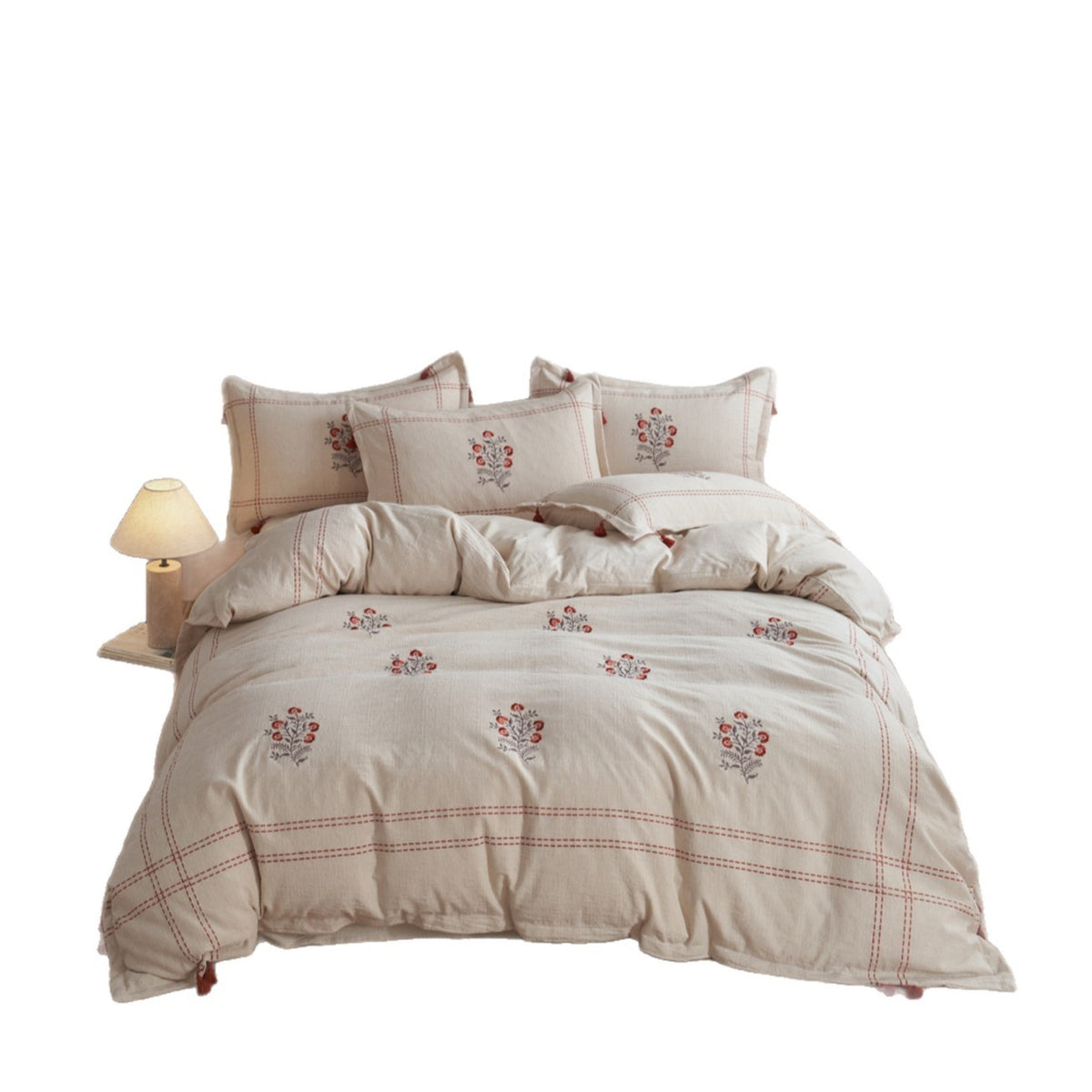 Handgenähte florale gestickte Leinen-Misch-Duvet-Bezug-Satz mit Quasten-Kissenbezügen