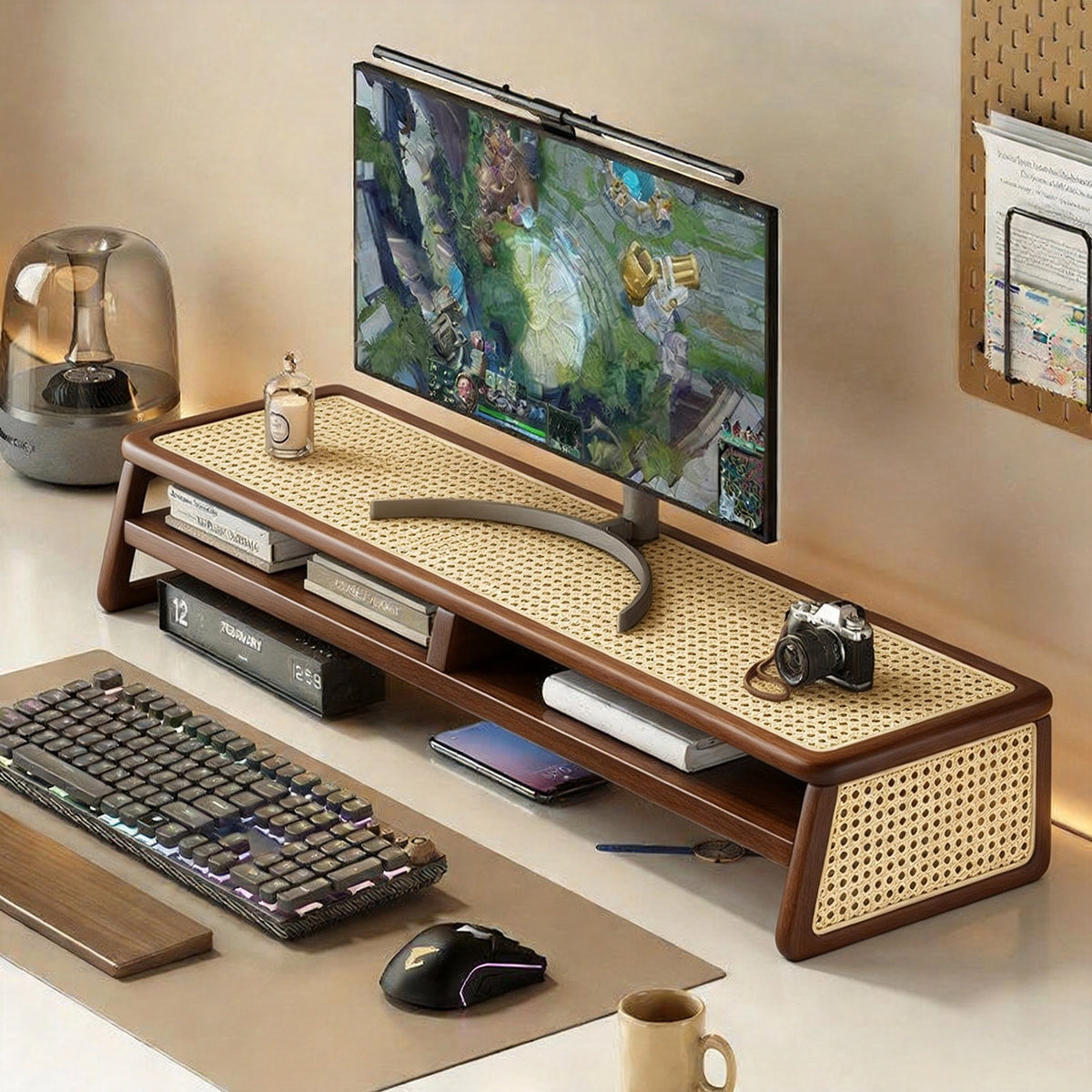 Gekrümmter Holz-Top Monitorständer mit Metallrahmen und Unterregal-Organizer