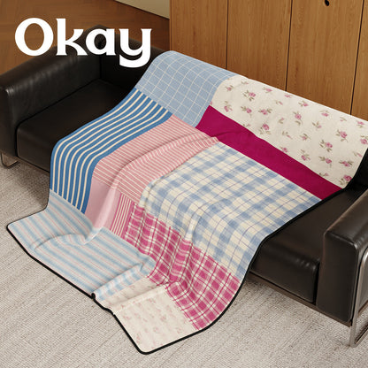 Reversible Patchwork Plush Throw Blanket with Mixed Plaid Stripes and Floral Panels