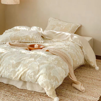 Geplüschtes Chenille Floral Bettbezug Set mit Pom-Pom Besatz