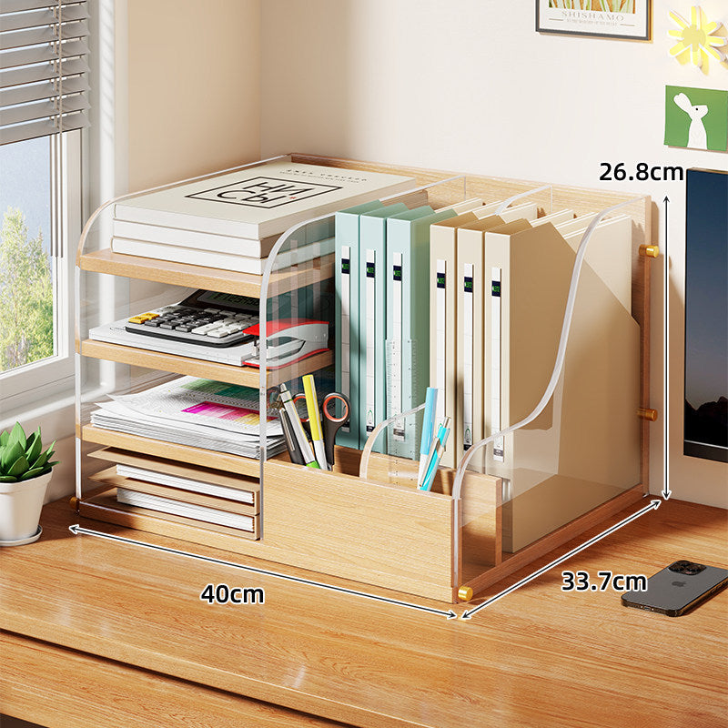 Modularer Holzschreibtisch-Organizer mit Acryl-Dateisortierer und Stiftfächern