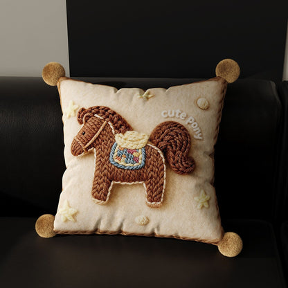 Embroidered Pony Pom-Pom Accent Throw Pillow Cover with Plush Appliqué