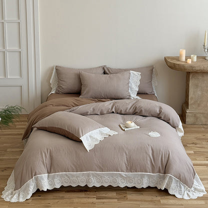 Rüsch Lace-Trim Baumwolle Duvet Cover Bettwäsche Set mit gewelltem gesticktem Saum