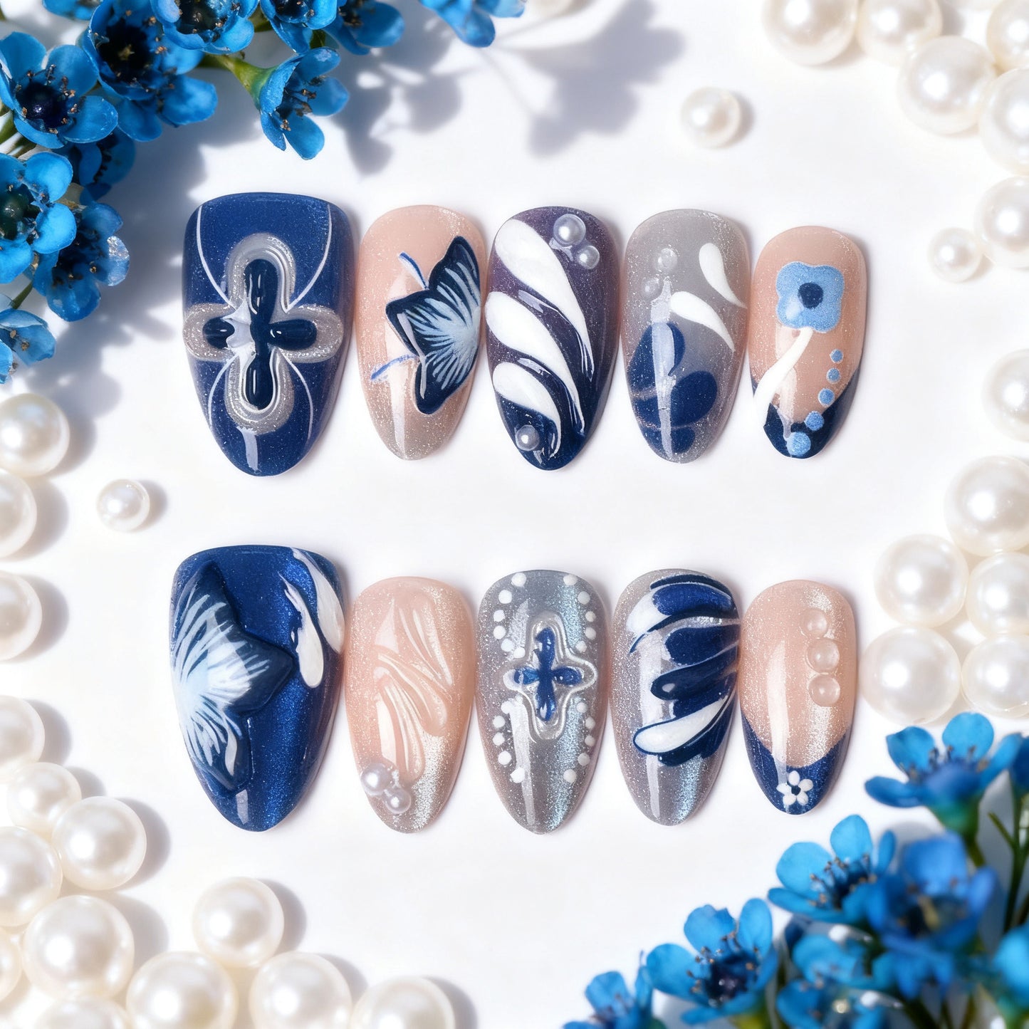 Künstlerisches Blumen Press-On Nageltips Set Brehn