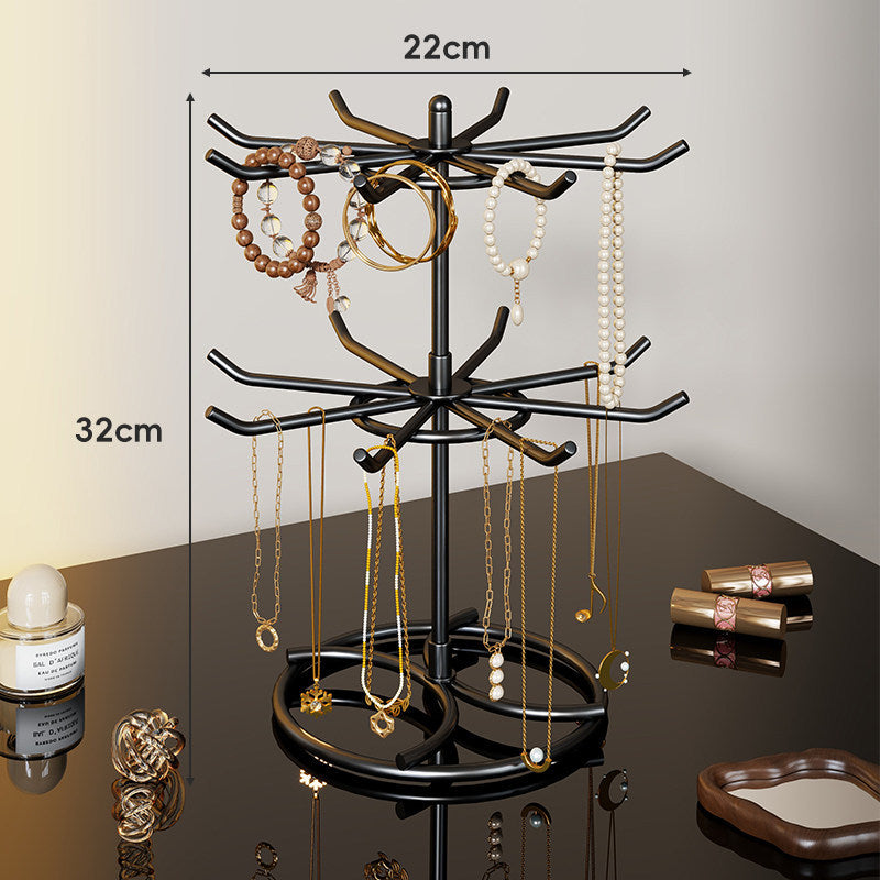 Rotierender gestufter Schmuckorganizer-Ständer mit Mehrarm-Haken und runden Ringtabletts