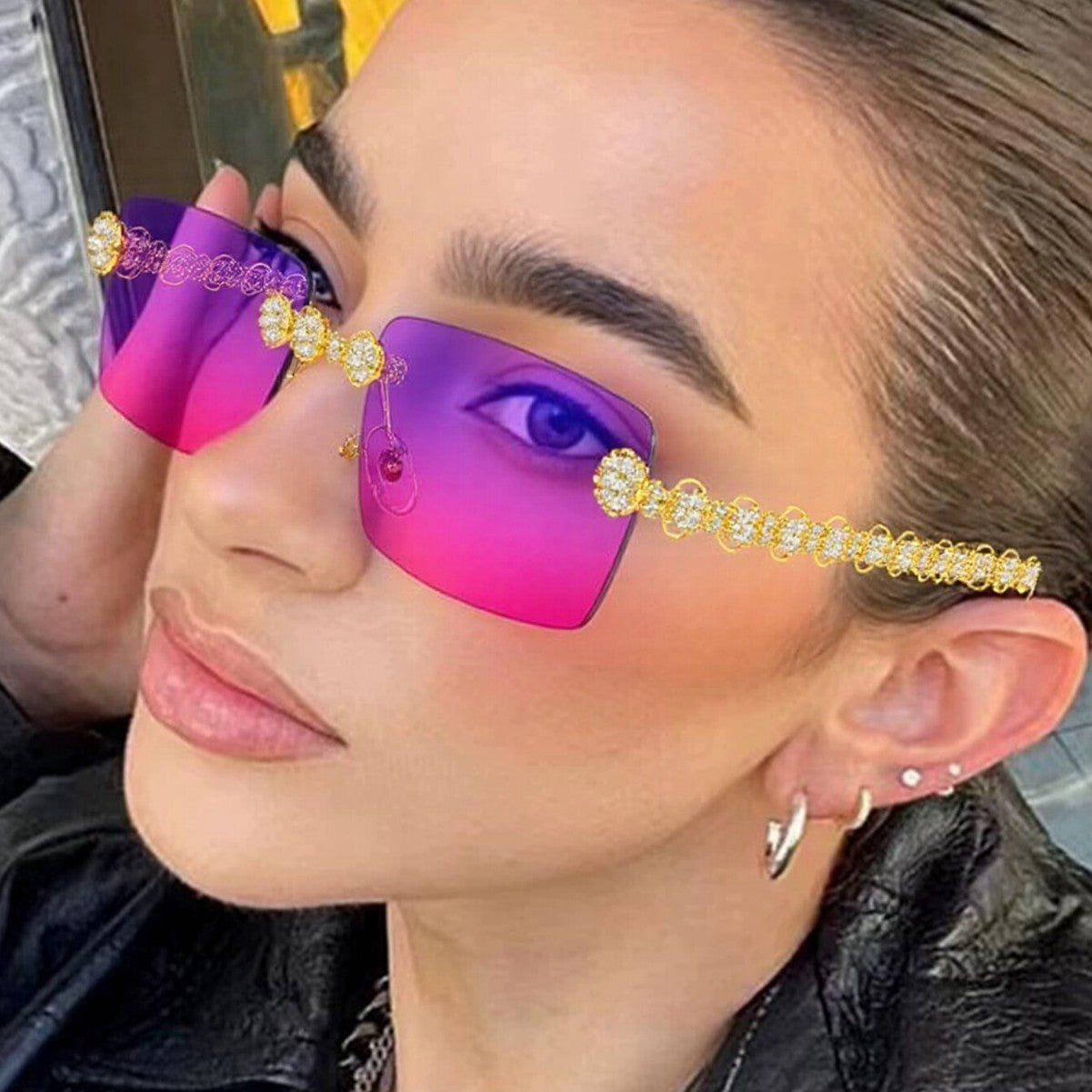 Damen Designer-Sonnenbrille mit funkelndem Rahmen und rechteckigem Glas Brehn