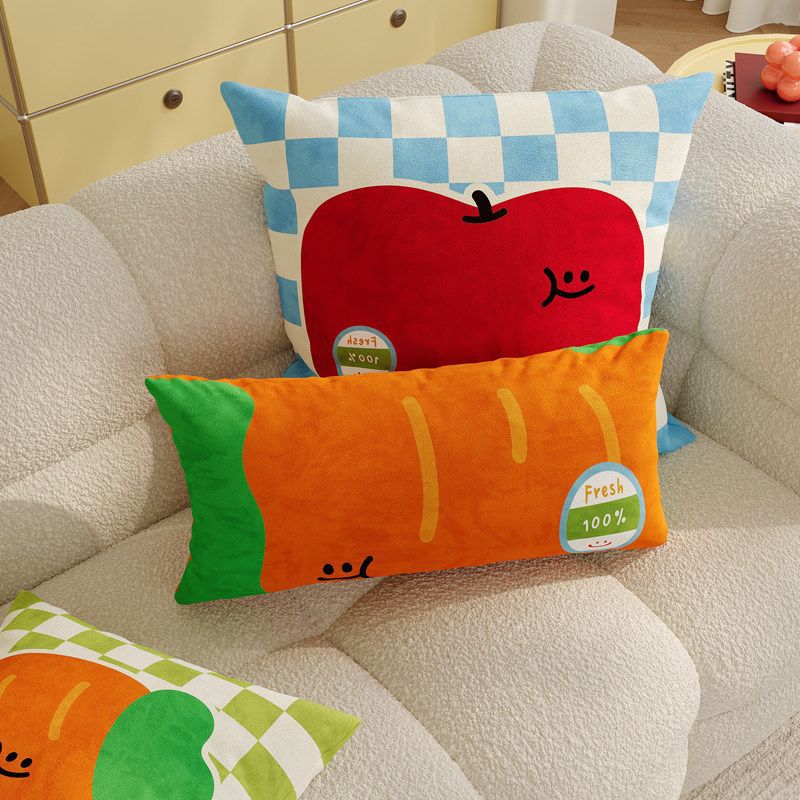 Plush Square Decorative Cushion with Cartoon Carrot Print and Checkerboard Backing