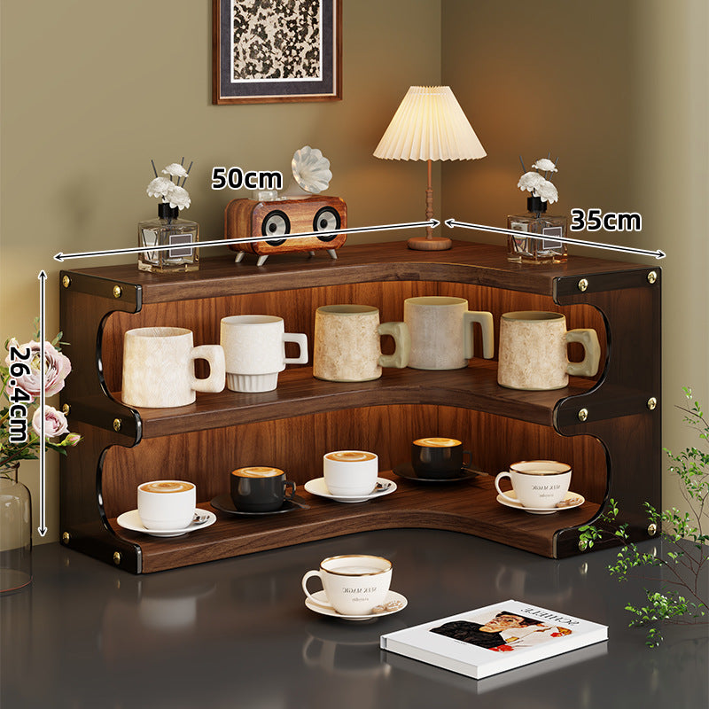 Eck-Dre tiers Holz Theke Anzeige Regal Organizer mit gebogenen Regalen und Messing Akzenten
