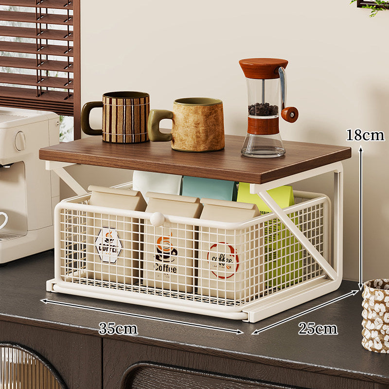 Küchenarbeitsplatte Kaffee Station Organizer mit Holzoberfläche und Metalldrahtkorb