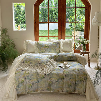 Luxus-Baumwoll-Bettwäsche-Set mit romantischen Rüschen und Aquarell-Blumenmuster