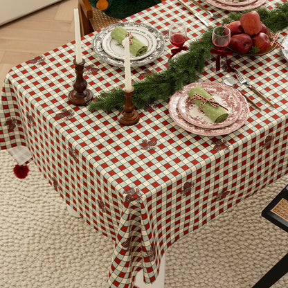 Rechteckige dekorative Tischdecke mit kariertem Muster, Pompon-Borte und feiner Stickapplikation Brehn