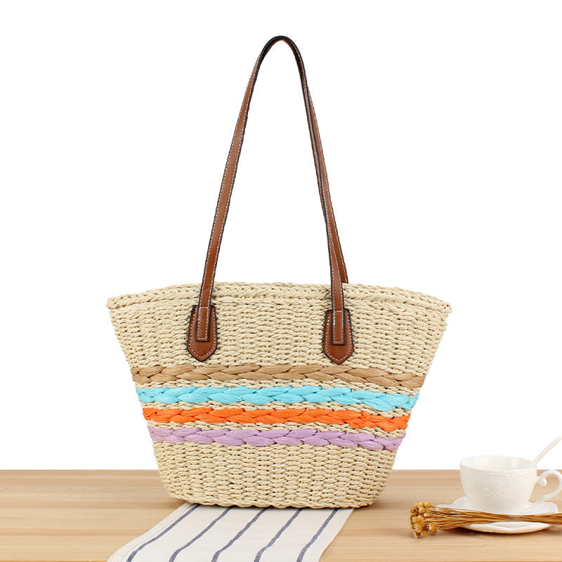 Freizeit-Strandtasche Aus Geflochtenem Naturmaterial mit Buntem Dekor Brehn