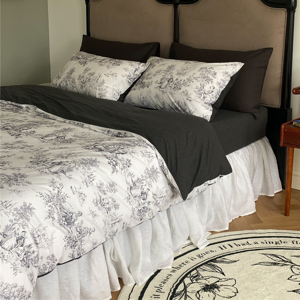Luxus Toile Baumwolle Duvet Cover Set mit Rüscheneinfassung und Kissenbezügen
