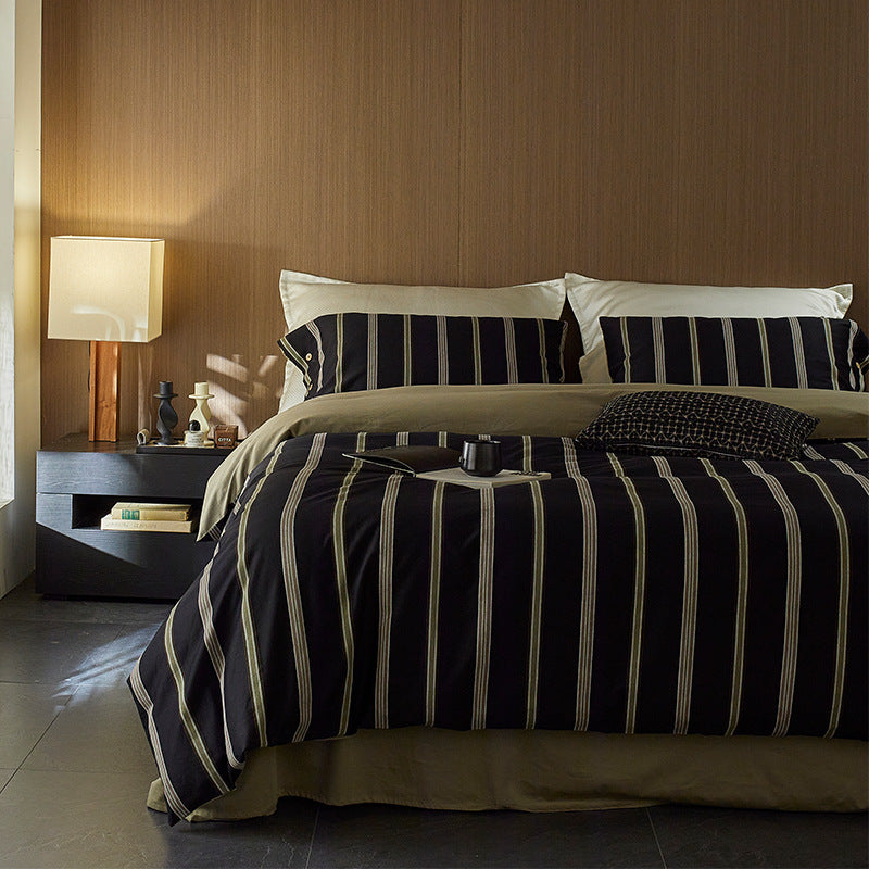 Diagonal gestreiftes Baumwoll-Leinen-Mischbettwäsche-Set mit wendbarem einfarbigen Rücken und Einschlagkissenbezügen