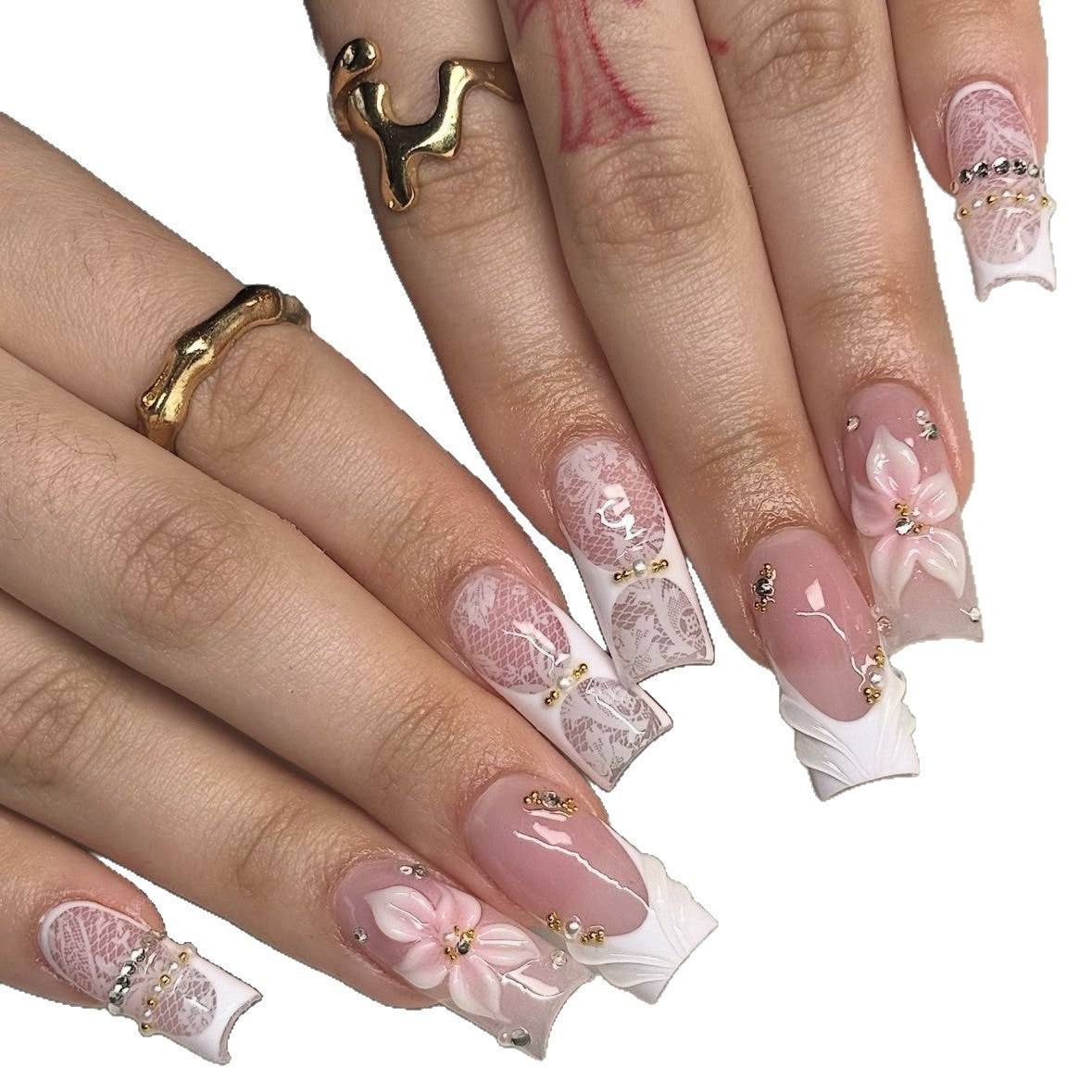 Elegante florale Spitzen-Design Press-On Nagel Tipps Brehn