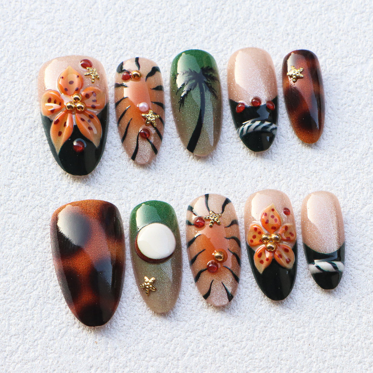 Tropisch inspiriertes handwerkliches Press-On Nagelset