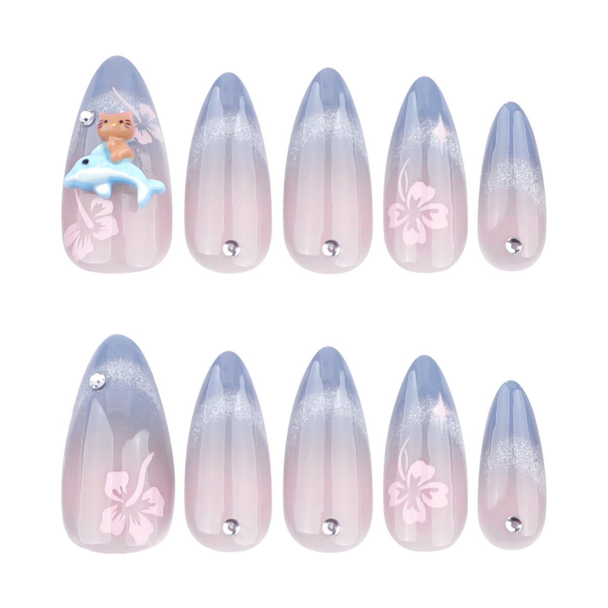 Kunstvolle Nagelverlängerungen mit elegantem Ombré-Design und floralen Akzenten Brehn