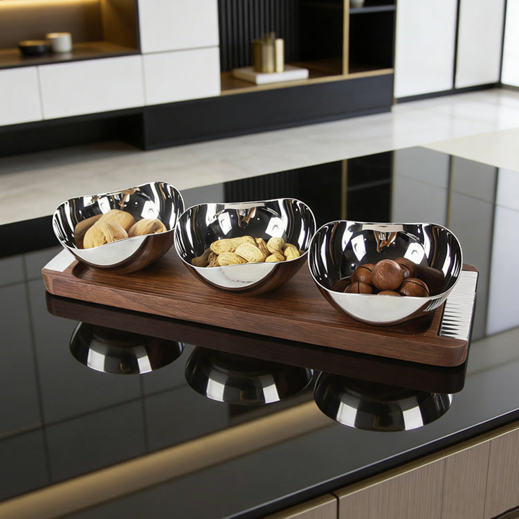 Modernes Snackschüssel-Set aus Edelstahl mit Servierplatte