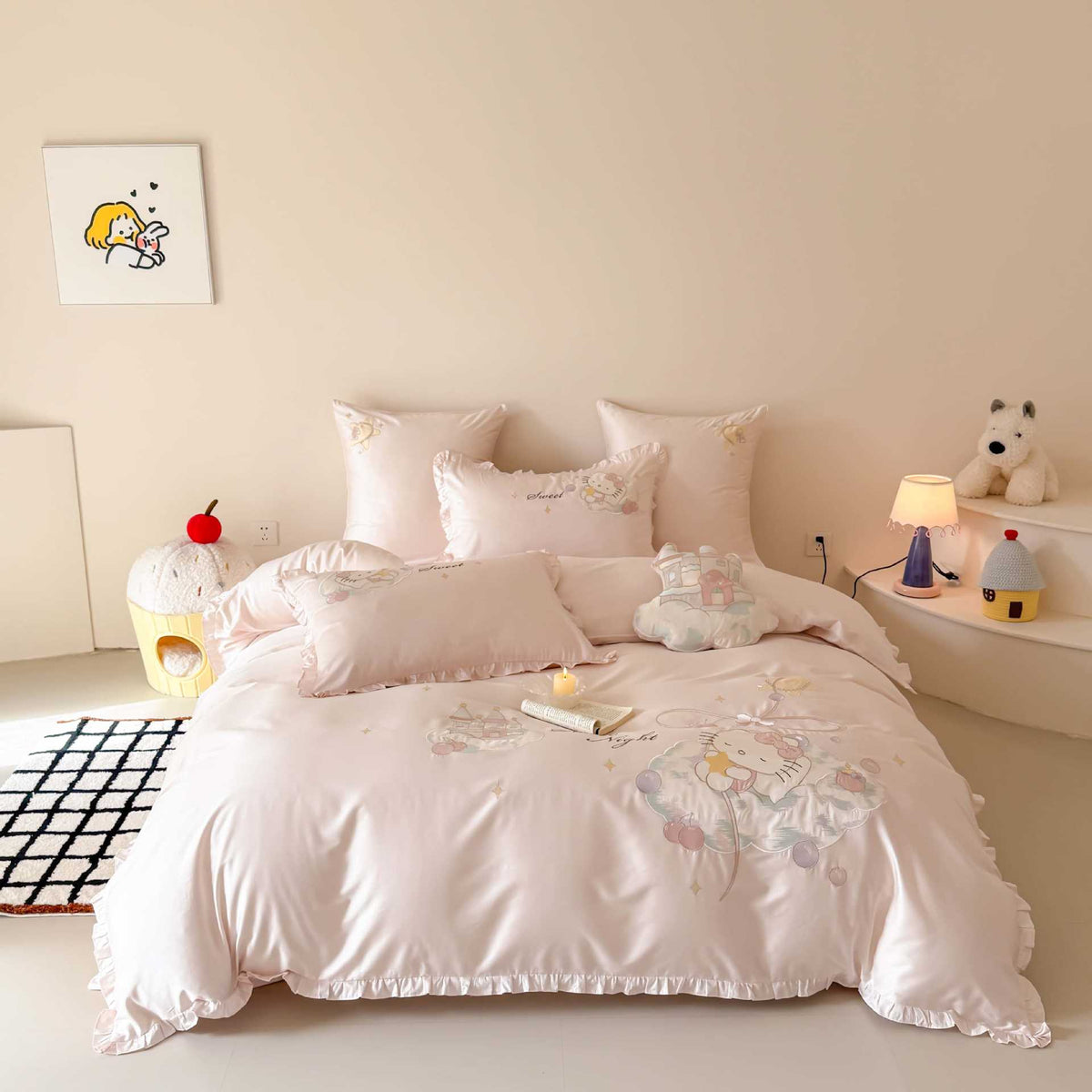 Satin-Effekt Rüschende Bettbezug Set mit besticktem Cartoon-Motiv