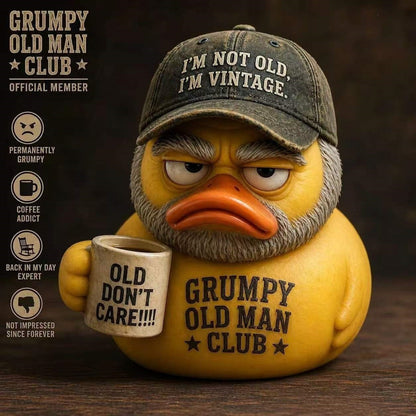 Lustige Gummi-Ente mit Vintage Hut und Becher Brehn