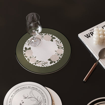 Round Decorative Leather-Look Drink Coaster with Embossed Floral Wreath