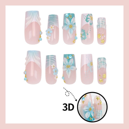 Kunstnagelset mit eleganten blumigen Verzierungen und Glitzerakzenten Brehn