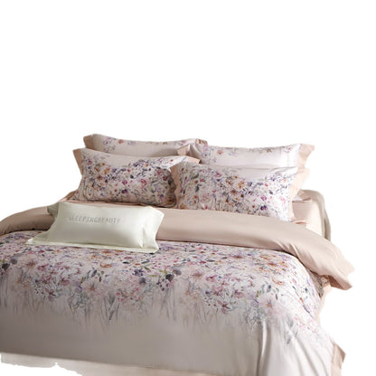 Blumen-Aquarell Baumwollsatin Bettbezug Set mit verstecktem Reißverschluss & bestickten Kissenbezügen