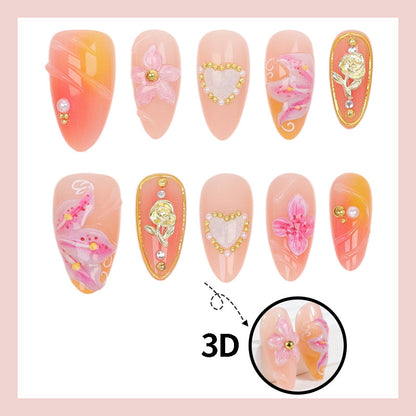 Kunstnagelset mit eleganten floralen Verzierungen und Glitzerdetails Brehn