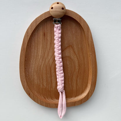 Geflochtener Baumwoll-Schnullerclip mit Holz-Sicherheitsclip
