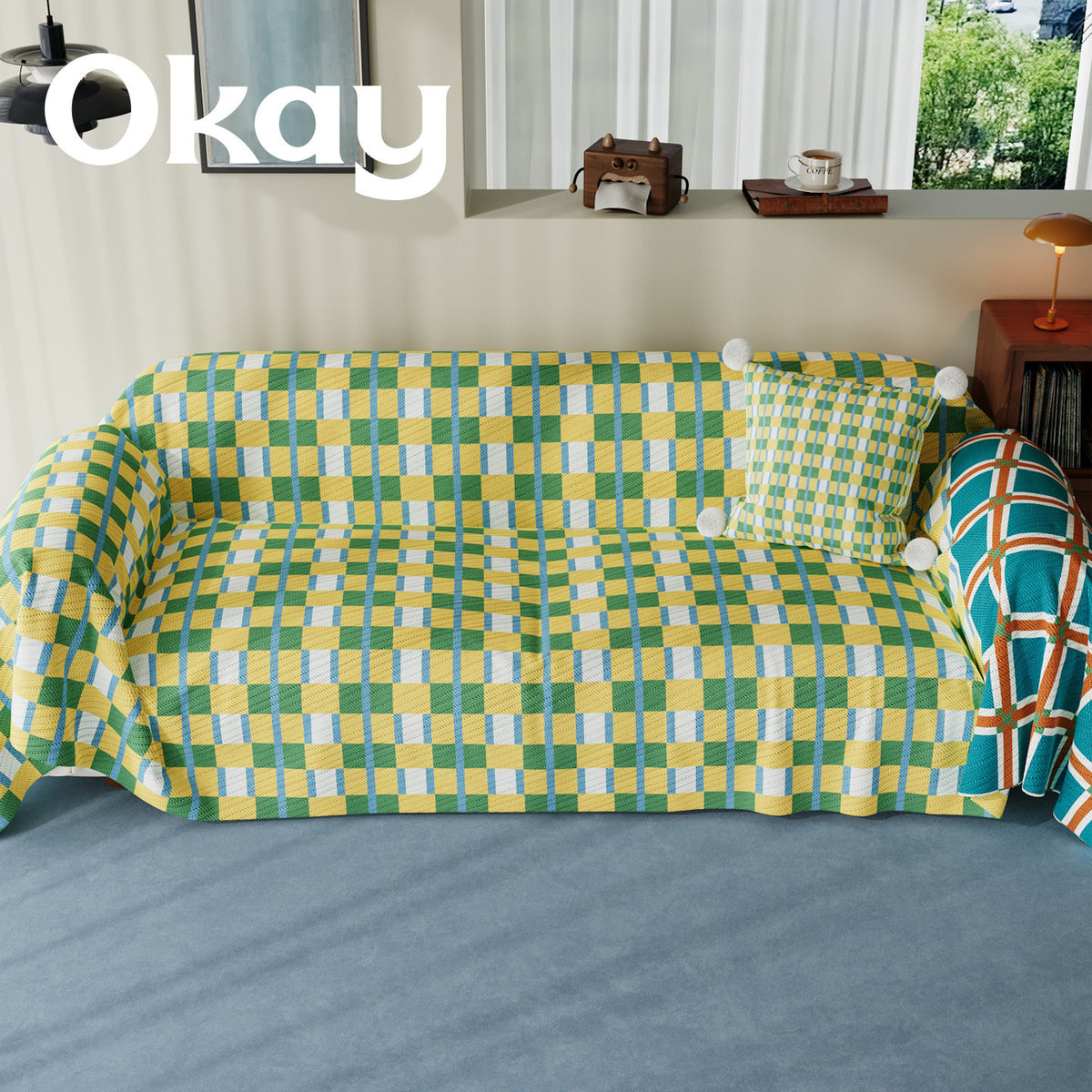 Stretch-Fit Quilted Sofa Slipcover with Pom-Pom Accent Pillowcase