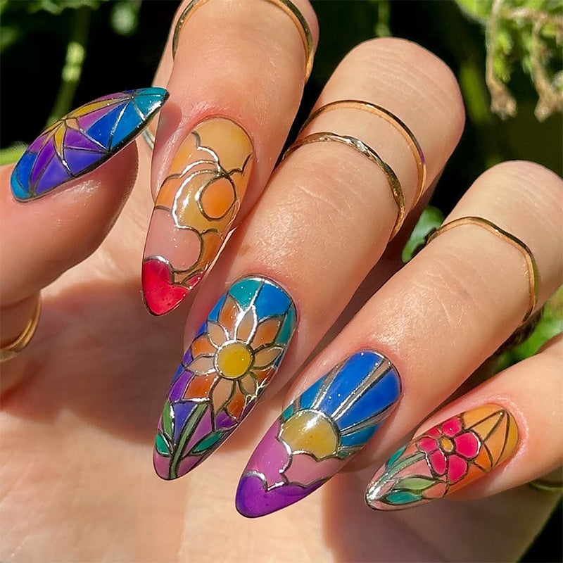 Künstlerisches Press-On-Nagelset mit floralen und geometrischen Mustern Brehn