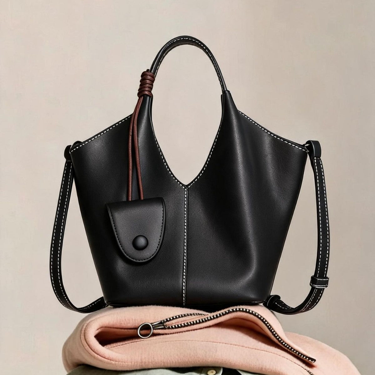 Kragend-Top Weiches Leder Bucket Tote mit Hängender Mini-Tasche