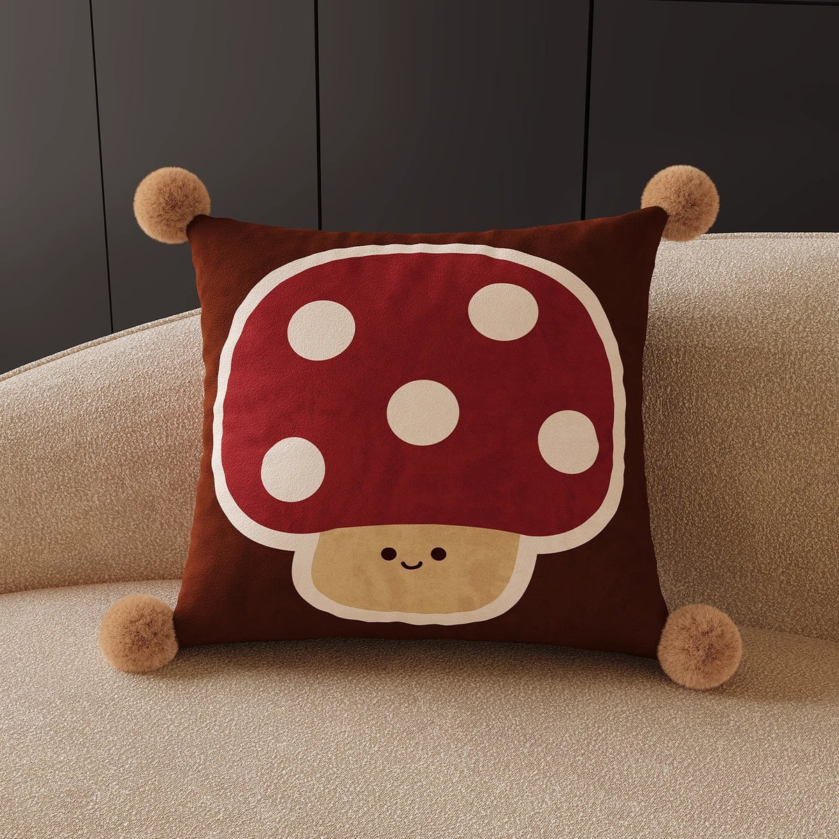 Decorative Square Throw Pillow Cover with Pom-Pom Corners and Cartoon Dog Illustration