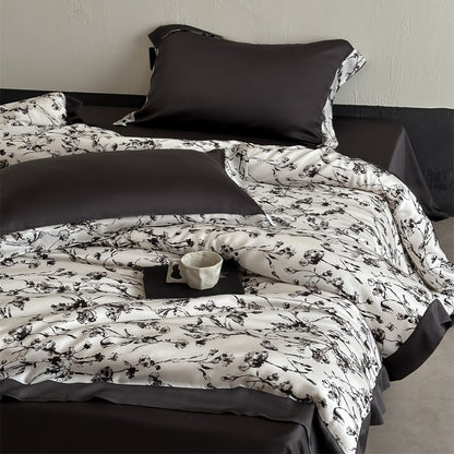 Luxuriöses Satin-Bettwäsche-Set mit floralem Aquarellprint und Satinkante