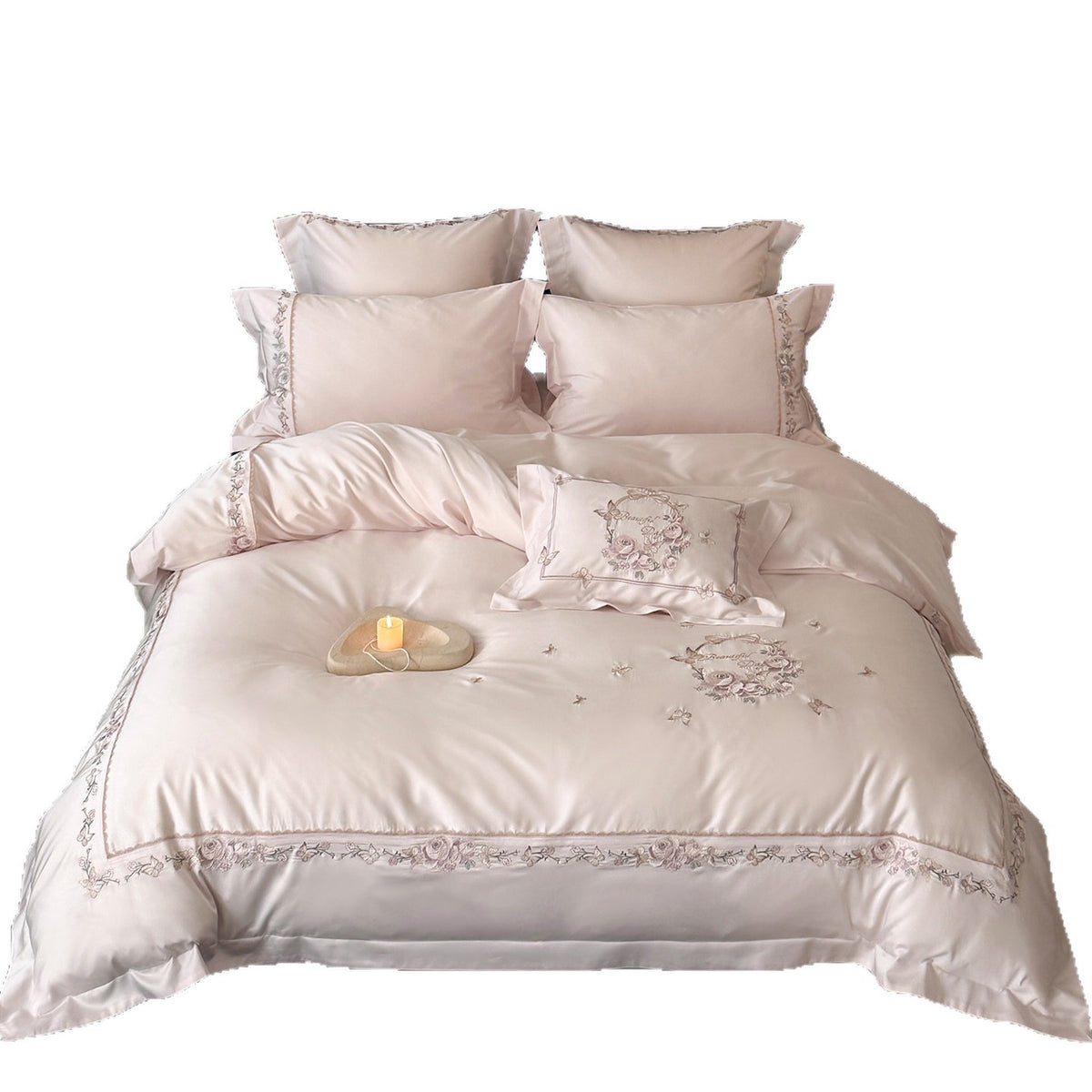 Bestickte Seidenlook Satin Bettbezug Set mit Blumenkranz Motiv