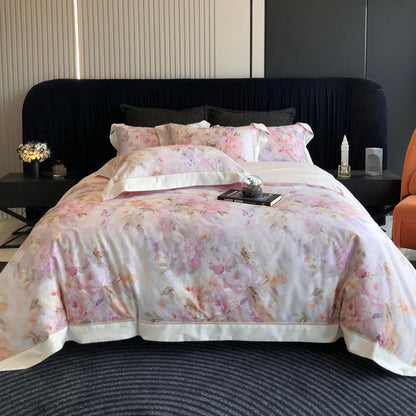 Aquarell-Paeonien-Satin-Bettbezug-Set mit Kante und passenden Kissenbezügen